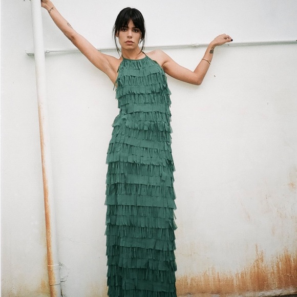 Zara Forest Green Layered halter Maxi Dress - Picture 3 of 3